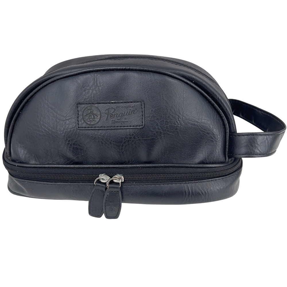 Original Penguin Mens Toiletry Bag‎ Black Faux Leather Dual Zip Dopp Kit OS